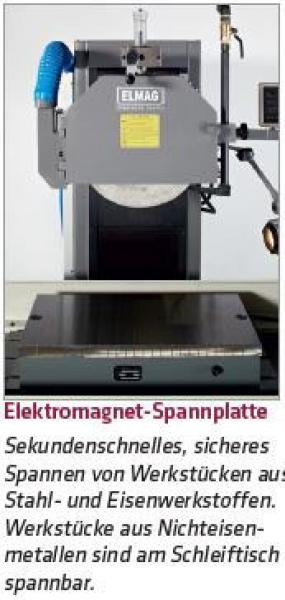 Electromagnetic clamping plate: Safe clamping of workpieces made of steel and ferrous materials in seconds. Workpieces made of non-ferrous metals can be clamped on the grinding table.